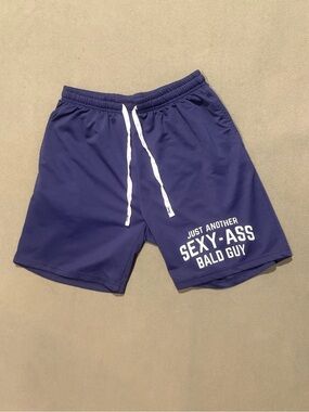 Navy Men's Casual Drawstring Shorts - 'Sexy-Ass Bald Guy' Graphic
